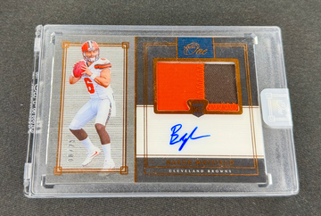 2018 Baker Mayfield Panini One Rookie Patch Auto Bronze /25 SEALED RPA #32 Premium Autograph Jersey RC