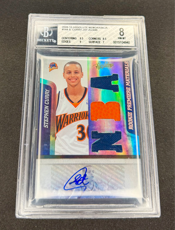 2009 Stephen Curry Panini Absolute Rookie Patch Jersey Auto RPA /499 BGS 8 #144 Triple Autograph Holo Memorabilia