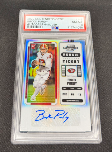 2022 Brock Purdy Panini Contenders Optic Silver Prizm Rookie Auto PSA 8 #146 Autograph Ticket SP RC