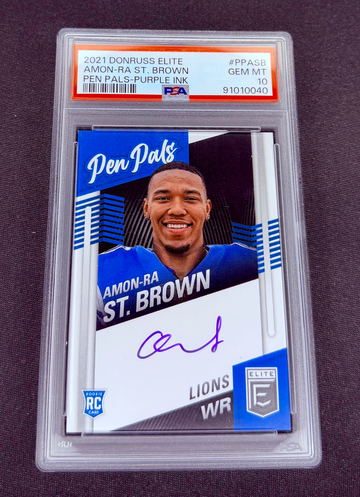 2021 Amon-Ra St. Brown Panini Donruss Elite Pen Pals Purple Ink Rookie Auto PSA 10 SP RARE Autograph