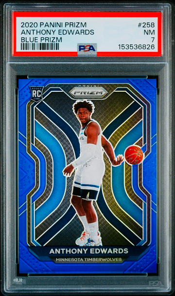 2020 Anthony Edwards Panini Prizm True Blue Rookie /199 PSA 7 #258 Solid ANT SP Wolves