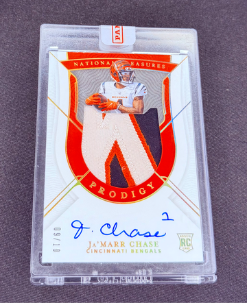 2021 Ja’Marr Chase Panini National Treasures Prodigy Gold Rookie Patch Auto /10 SEALED Autograph RPA Jersey