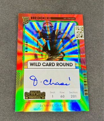 2021 Ja’Marr Chase Contenders Wild Card Green Laser Foil Auto Rookie #105 Round Ticket Autograph