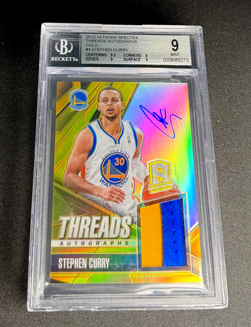 2013 Stephen Curry Spectra Gold Prizm Patch Auto 4/10 BGS 9 10 #4 Threads Panini Autograph Jersey