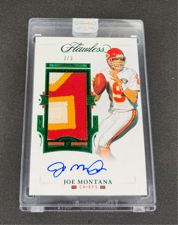 2021 Joe Montana Panini Flawless Emerald Green Vertical Patch Jersey Auto /3 SEALED SP Autograph