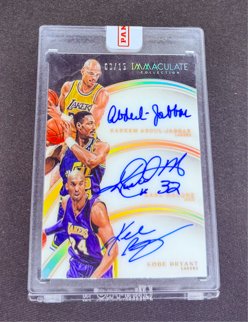 2015 Kobe Bryant Kareem Abdul Jabbar Karl Malone Immaculate Auto 8/15 JSY SEALED Triple Trio #18 Panini Autograph