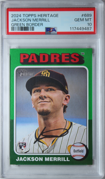 2024 Topps Heritage Jackson Merrill Green Border ROOKIE Card #689 PSA 10 POP 14