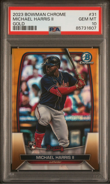 Jersey # 1/1 2023 Bowman Chrome Michael Harris II Rookie Card RC True Gold Refractor #23/50 PSA 10