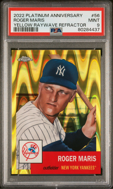 2022 PLATINUM ANNIVERSARY ROGER MARIS YELLOW RAY WAVE REFRACTOR /250 PSA 9 RARE POP 1