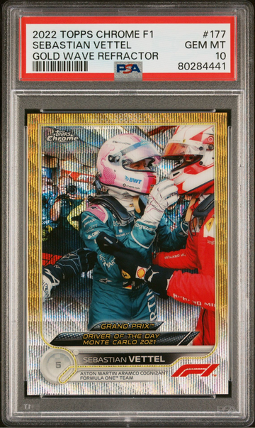 2022 TOPPS CHROME F1 SEBASTIAN VETTEL GOLD WAVE REFRACTOR /50 PSA 10 RARE SSP