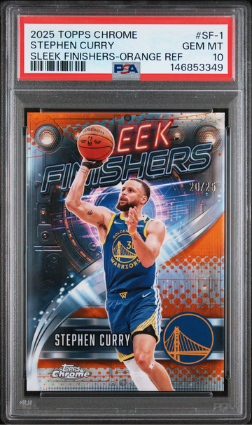 2025-26 TOPPS CHROME STEPHEN CURRY SLEEK FINISHERS #SF-1 ORANGE REFRACTOR PSA 10