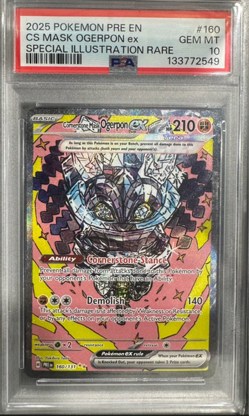 2025 POKEMON PRE EN-PRISMATIC EVOLUTIONS 160 CORNERSTONE MASK OGERPON EX SPECIAL ILLUSTRATION RARE PSA 10 GEM MINT 