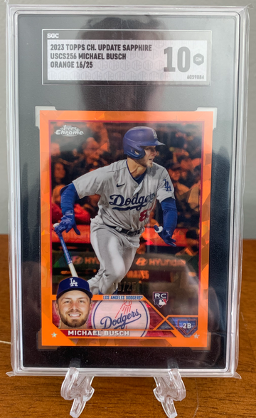 2023 Topps Chrome Update Sapphire Michael Busch Orange Refractor RC /25 SGC 10 Gem