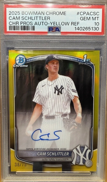 2025 Bowman Chrome Cam Schlittler1st Yellow Refractor Auto PSA 10 💎
