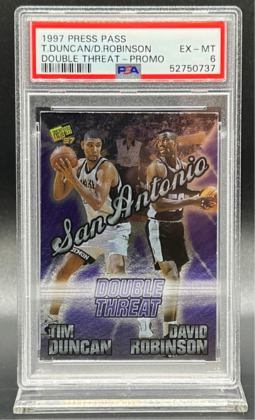 1997 DAVID ROBINSON TIM DUNCAN PRESS PASS DOUBLE THREAT 1 of 1 PROMO PSA 6 SAN ANTONIO SPURS HOF MVP