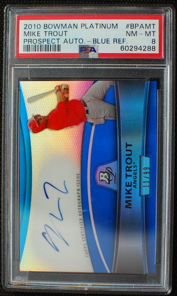 🌟 MIKE TROUT - 2010 Bowman Platinum BLUE REFRACTOR Rookie AUTO RC /99 - PSA 8