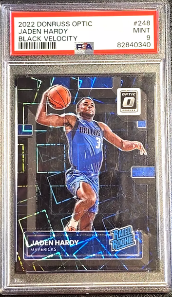 JADEN HARDY 2022-23 PANINI DONRUSS OPTIC #248 RC BLACK VELOCITY /39 PSA 9