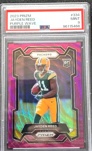 Jayden Reed 2023 Prizm Purple Wave PSA 9 Packers /99 Rookie