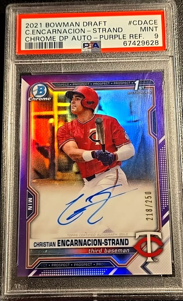 2021 BOWMAN CHROME DRAFT CHRISTIAN ENCARNACION-STRAND /250 PURPLE AUTO PSA 9