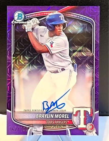 2025 Bowman Chrome  Braylin Morel  Prospect  Purple Mojo Refractor  AUTO /199  Rangers 