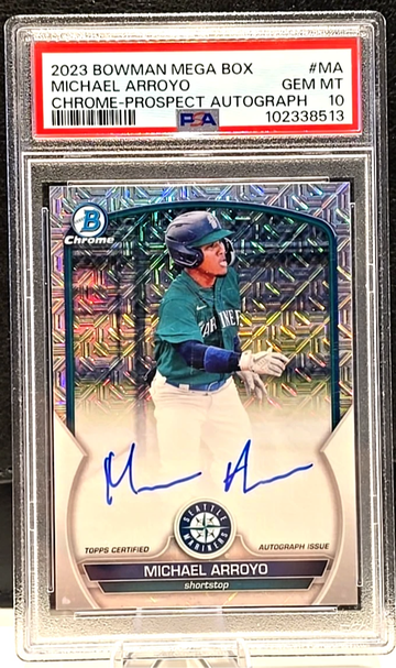 MICHAEL ARROYO  2023 BOWMAN CHROME  MOJO  AUTO  PSA 10  Mega Box  Mariners Bma-ma 