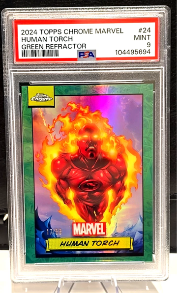 2024 Topps Chrome Marvel  Human Torch  Green Refractor  /99  PSA 9