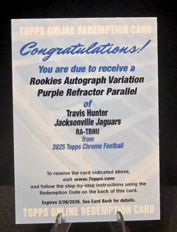 2025 Topps Chrome  Travis Hunter  Auto Redemtion  TRUE Purple Refractor RC  /75  Jags
