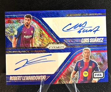 2025-26 Prizm FIFA  Luis Suarez Robert Lewandowski  BLUE SHIMMER  AUTO  Barcelona SSSP FOTL  