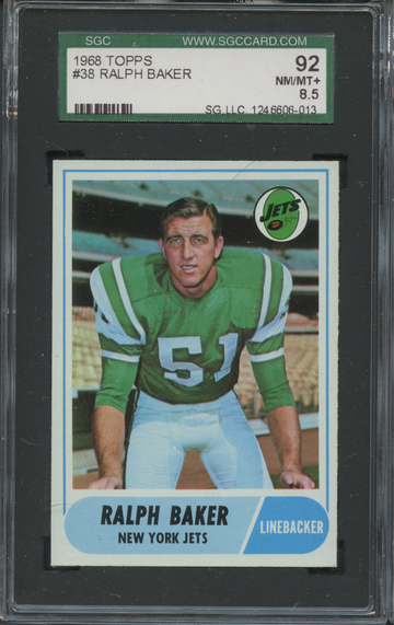 1968 Topps #38 Ralph Baker New York Jets SGC 92 NM/MT+ 8.5