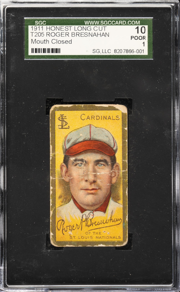 1911 T205 Honest Long Cut Roger Bresnahan St. Louis Cardinals SGC 10 Poor 1