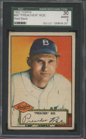 1952 Topps #66 Preacher Roe Brooklyn Dodgers SGC 30 Good 2