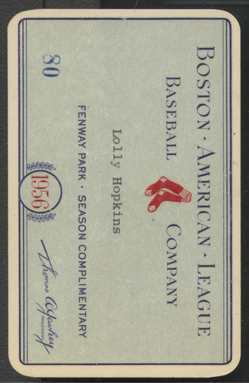 1956 Red Sox Lolly Hopkins Season Pass "The Lady with the Megaphone"