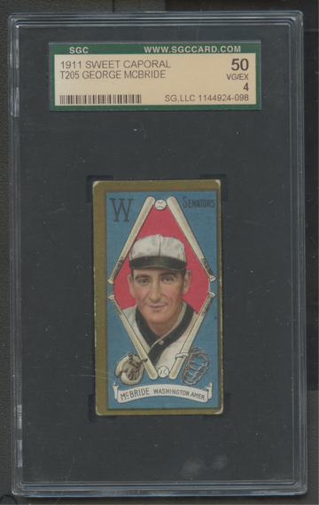 1911 T205 Sweet Caporal George McBride Waashington Senators  SGC 50 VGEX 4