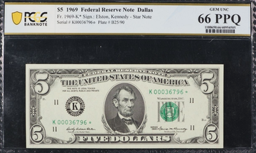 1969 Fr. 1969-K* $5 Federal Reserve Note PCGS Banknote 66 PPQ (Star Note)