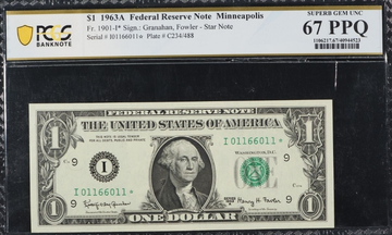 1963A Fr. 1901-I $1 Federal Reserve Note Minneapolis PCGS Banknote 67PPQ