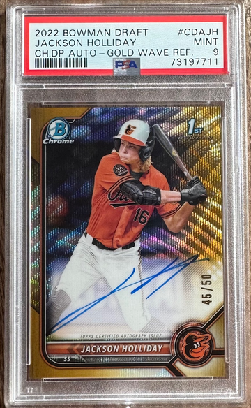JACKSON HOLLIDAY 2022 Bowman Chrome 1st Gold Wave RC 45/50 AUTO PSA 9 