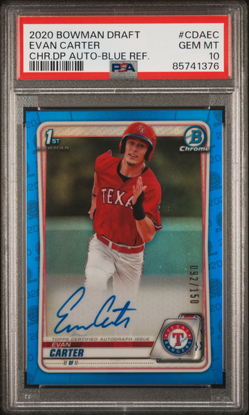 2020 Bowman Draft Chrome Evan Carter Blue Refractor Auto PSA 10 /150 Rangers