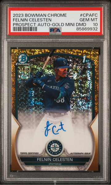 2023 Bowman Chrome 1st Auto Felnin Celesten Gold Mini Diamond /50 PSA 10