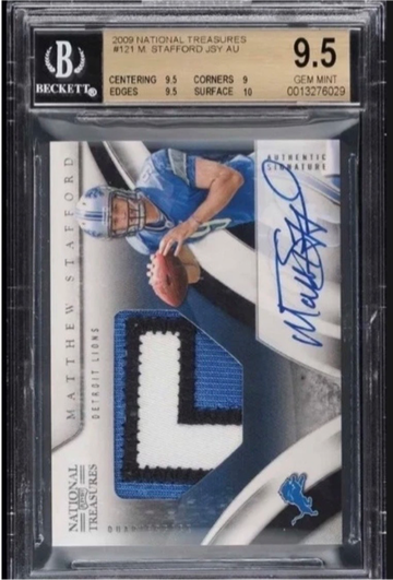 2009 NATIONAL TREASURES #121 MATTHEW STAFFORD ROOKIE PATCH /99 BGS 9.5 AUTO 10