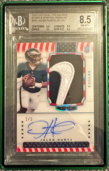2020 National Treasures Stars & Stripes Premium Jalen Hurts Nike Swoosh Auto Rookie BGS 8.5/9