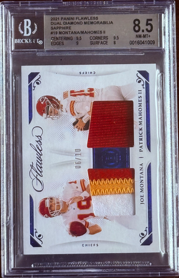 2021 Panini Flawless Dual Diamond Memorabilia Sapphire Joe Montana/Patrick Mahomes BGS 8.5