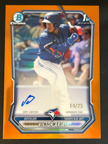 2026 Bowman Chrome Victor Arias True Orange Refractor Auto /25