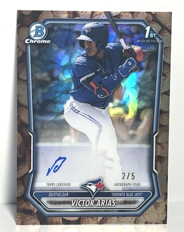 2026 Bowman Chrome Victor Arias 1st Peanut Refractor Auto /5 SSP Blue Jays