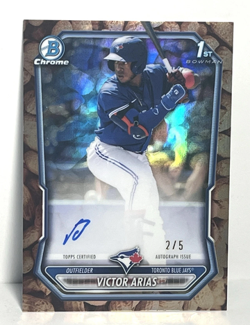 2026 Bowman Chrome Victor Arias 1st Peanut Refractor Auto /5 SSP Blue Jays