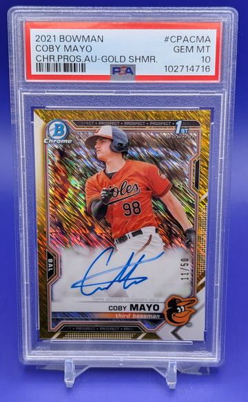PSA 10 2021 Bowman Chrome Coby Mayo gold shimmer refractor auto #11/50