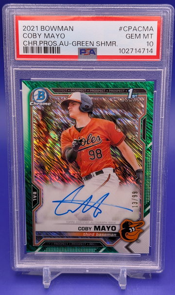 PSA 10 2021 Bowman Chrome Coby Mayo green shimmer refractor auto #13/99