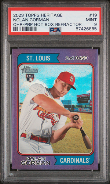 2023 Topps Heritage #19 Nolan Gorman Purple Chrome Refractor PSA 9 RC 