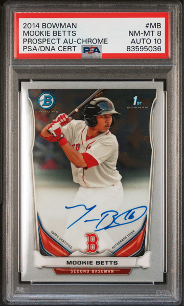 2014 Bowman #MB Mookie Betts Prospect Auto Chrome RC Dual Grade PSA 8 / 10