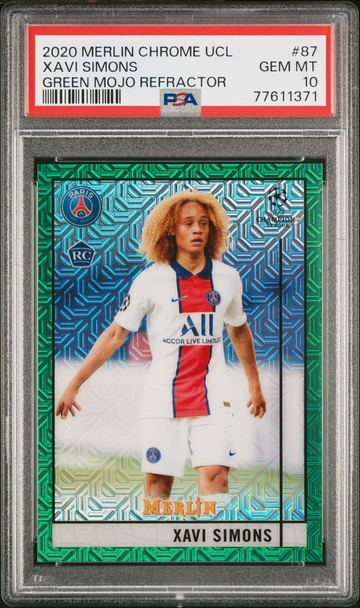 2020 Topps Merlin Chrome UCL GREEN MOJO REFRACTOR Xavi Simons RC Rookie #87 PSA 10 /99 Pop 3