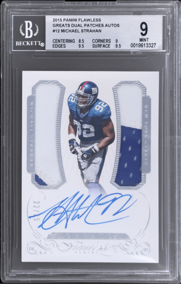 2015 FLAWLESS MICHAEL STRAHAN GREATS DUAL PATCH AUTOS #22/25 GAME USED BGS 9